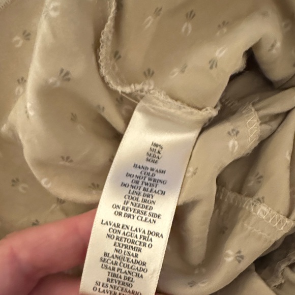 Silk Neutral Button-Up Blouse with Ruffle - Picture 3 of 9